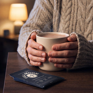 Two hands around a mug of hot cacao, a torn Full Moon sachet beside it