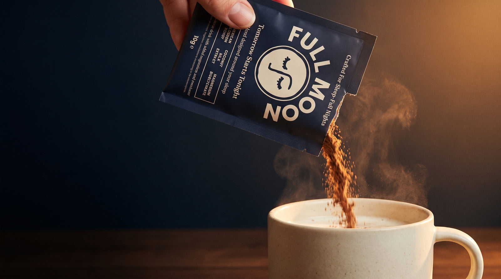 A Full Moon sachet being poured into a mug of warm milk